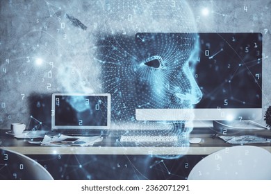 Double exposure of work table with computer and brain sketch hologram. Brainstorming concept.