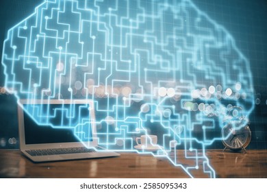 Double exposure of work table with computer and brain sketch hologram. Brainstorming concept.