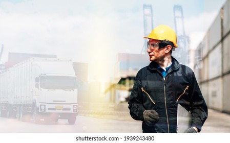 Double exposure of Worker man caucasian in safety blue jumpsuit workwear with yellow helmet use laptop at cargo container shipping warehouse. transportation import,export logistic industrial service