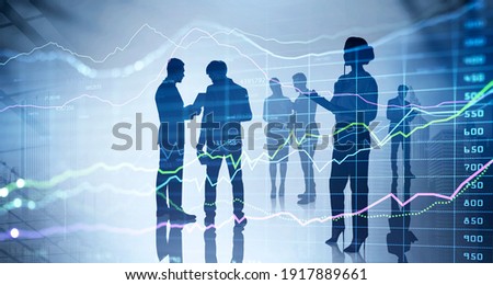 Double exposure of working business people at international investment institution, banking. Financial charts and business analytics. New York on background.