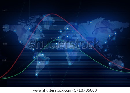 Double exposure of world map and the scientists. Concept of a pandemic virus in modern society. Virus distribution, analysis, control and development of a vaccine for treating people.