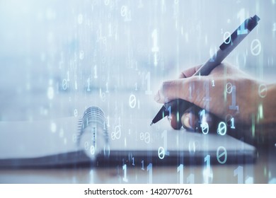 Double exposure of writing hands on background with data solution hologram on front. Technology concept. Close up - Shutterstock ID 1420770761