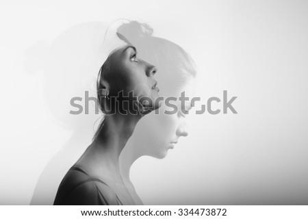 Double exposure with young and beautiful girl, monochrome