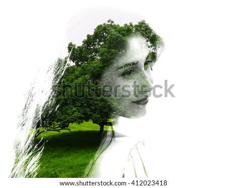 Double exposure of young beautiful girl among the leaves and trees. Portrait of a woman, mysterious look, creative, art, conceptual illustration. Isolated on white background.