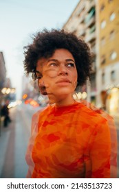 Double Exposure Young Curly Woman Posing City Sunset Looking Over Dreamy And Pensive