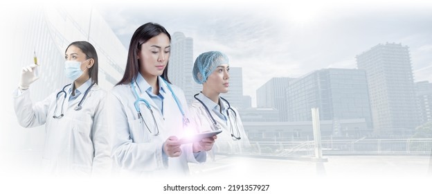 Double exposure of young female doctor during working shift in hospital with cityscape in background.  - Powered by Shutterstock