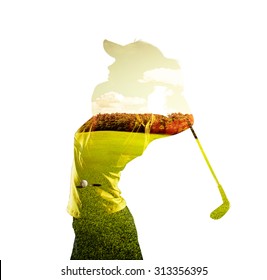 Double exposure of young female golf player holding club combined with green field and sky. Golfing concept.   - Powered by Shutterstock