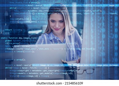 Double exposure of young female programmer at workplace and computer code