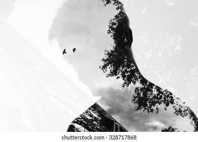 Double Exposure With Young Man, Monochrome