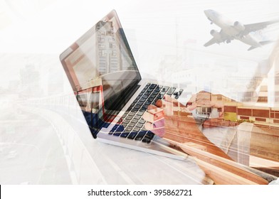 Double Exposure of Young Man use Notebook or Laptop Computer with Metro Train and Airplane as Business Transportation concept - Powered by Shutterstock