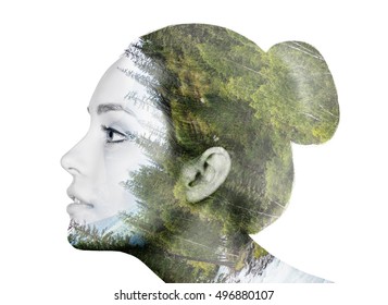 Double Exposure Of Young Woman And Forest.