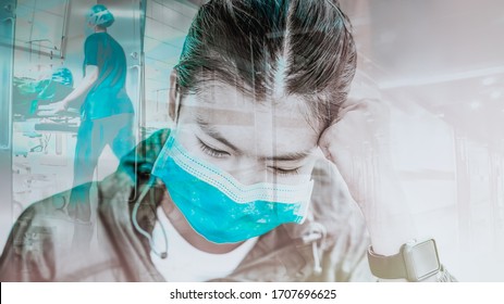 Double exposure, young woman on face mask with patient on stretcher or gurney being pushed at speed through a hospital corridor by doctors & nurses to an emergency room