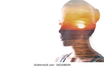 Double exposure of young woman and sunset background - Shutterstock ID 1823188244