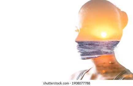 Double exposure of young woman and sunset background - Shutterstock ID 1908077788