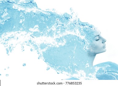 Double exposure of young woman and water splashes.