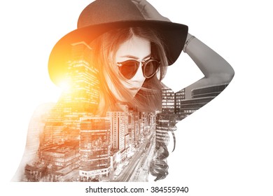 Double exposure,Beautiful girl and cityscape. Retro tone. - Powered by Shutterstock