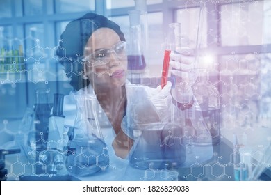 Double Exposure-black Woman Scientist In Protective Glasses,testing Tube Chemical Research In Laboratory With Icon,test Sample Antibiotics And Future Food Use In Medical Development For People