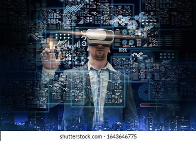 Double Exposure-business Man Wearing VR Glasses Using Finger Touch Holographic To Analyze Business,concept Investment Statistic,digital Working Background Virtual Panel,chart And Financial Stock Graph