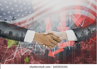 Double Exposure-Business People Handshake To Make Agreement, And Trade War Between Superpower United States And China,with Downtrend Stock Exchange Background