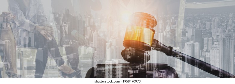 Double exposure-business people team discussion,in public sale property bidding business competition concept,with auction wood hammer,with cityscape sunset background,web banner header  