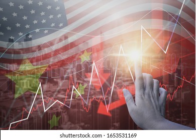 Double Exposure-business Woman Finger Touch Stock Graph, And Trade War Between Superpower United States And China,with Downtrend Stock Exchange Background,conflict Tax Finance,economic Conflict