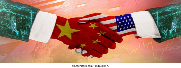 Double Exposure-businessman Shake Hand,trade War Between Superpower,United States Or Us Vs China,trade Protectionism Increasing Economic Conflicts,taxes And Currency,import And Export,banner Panoramic