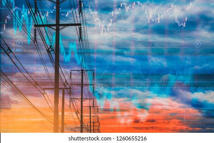 Double Exposure-electric Pole, And Colorful Sky Stock Chart As Background. With The Concept Of Volatility Of Stocks And Energy Businesses In The Global Market.