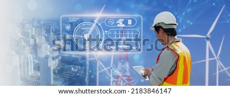 Double exposure-engineer use smart tablet,control check operation wind turbine,energy electricity,power supply renewable,artificial intelligence or AI technology,sustainable alternative energy concept