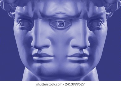 Double head statue David close up on blue background. Replica of face famous sculpture youth of David by Michelangelo. Template design for art, dj, fashion, poster, zine. Digital crypto art style. - Powered by Shutterstock