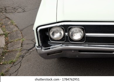 A Double Headlights Of A Large American Coupe Of The Late 1960s At The Golden Oldies In Wittenberg