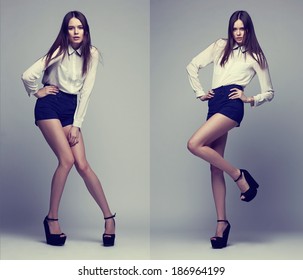 Double Image Of The Same Fashion Model In Different Poses. Studio Shot