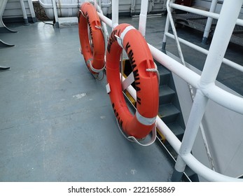 Double Life Buoy Is Placed On The Ship's Rail