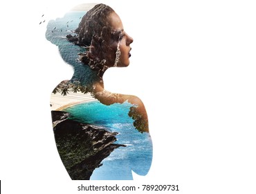 Double, Multiple Exposure. Digital Art. Portrait Of Woman Combined With Idyllic Nature. Beautiful Landscape. Rocky Coast, Turquoise Sea And Flying Birds. Beach, Coastline And Profile Of Female Face.