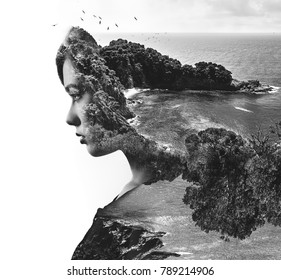 Double, Multiple Exposure. Digital Art. Portrait Of Woman Combined With Lush Nature. Beautiful Landscape. Rocky Coast, Sea And Flying Birds. Beach, Coastline And Profile Of Female Face. Black White