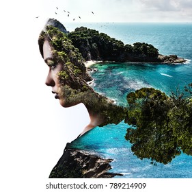 Double, Multiple Exposure. Digital Art. Portrait Of Woman Combined With Lush Nature. Beautiful Landscape. Rocky Coast, Turquoise Sea And Flying Birds. Beach, Coastline And Profile Of Female Face.
