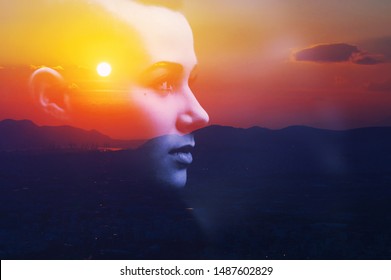 Double multiply exposure abstract dark portrait of a dreamy cute young woman face head sun silhouette in sky, sunrise nature. Psychology power of mind, human spirit, mental health, life zen concept