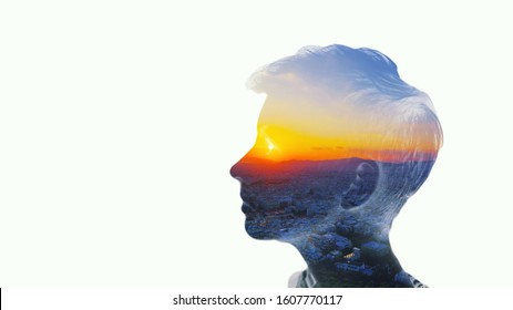 Double Multiply Exposure Beautiful Woman Head Silhouette Portrait White Isolated With Sun In Eye Sky, Sunset Nature. Psychology, Philosophy Power Of Mind, Human Spirit, Mental Health, Life Zen Concept