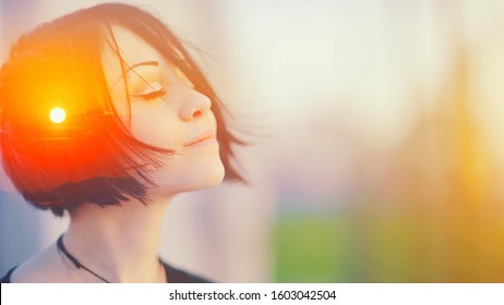 Double multiply exposure portrait of a dreamy cute woman meditating outdoors with eyes closed, combined with photograph of nature, sunrise or sunset. closeup. Psychology freedom power of mind concept - Shutterstock ID 1603042504