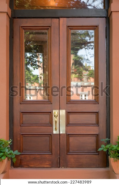 Double Natural Wood Front Doors Windows Stock Photo Edit Now 227483989