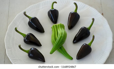 Double Okra That Looks Like Conjoined Twins Surrounded By Purple Peppers