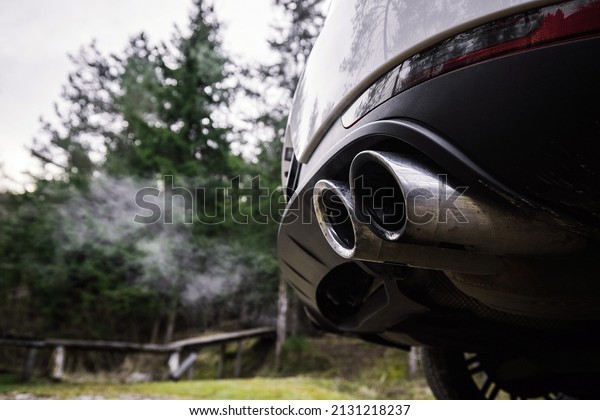 Double oval exhaust tips on a modern SUV car\
or crossover vehicle. Visible vapour of smoke in green environment.\
SUV and cars polluting\
environment.
