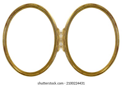 Double oval golden frame (diptych) for paintings, mirrors or photos isolated on white background. Design element with clipping path
