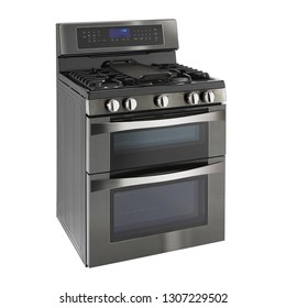 Double Oven Gas Range Isolated On White. Side View Of Modern Black Stainless Steel Freestanding Kitchen Stove With Convection. Household Domestic Appliances. Range Cooker 5 Five Burner Cooktop