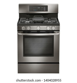 Double Oven Gas Range Isolated on White. Household Domestic Major Appliances. Front View of Modern Black Stainless Steel Freestanding Kitchen Stove with Convection. Range Cooker 5 Five Burner Cooktop