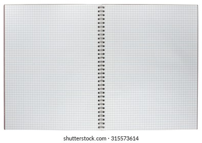 A Double Page Open Spiralbound Notebook With Graph Paper Sheets. Metal Spiral Binding Is Aged And Worn. Isolated On White.