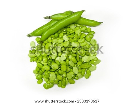 Double peeled broad beans and shelled broad beans isolated on white background top view