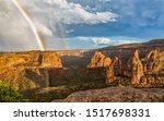 A double rainbow after a storm in Monument Canyon in Colorado National Monument in Fruita, Colorado.