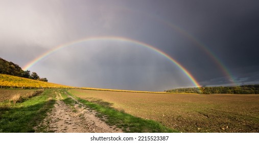 Double Rainbow In The Middle Of The Vineyards In Autumn In Burgundy Under A Stormy Sky