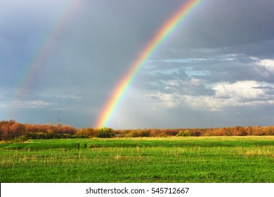 Double Rainbow Over The Spring Green Field