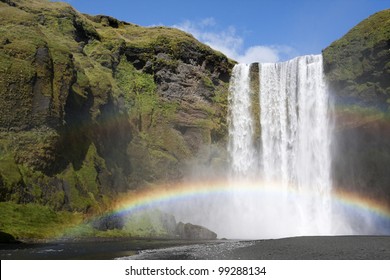 Double Rainbow At The Waterfall Skogafoss In Iceland